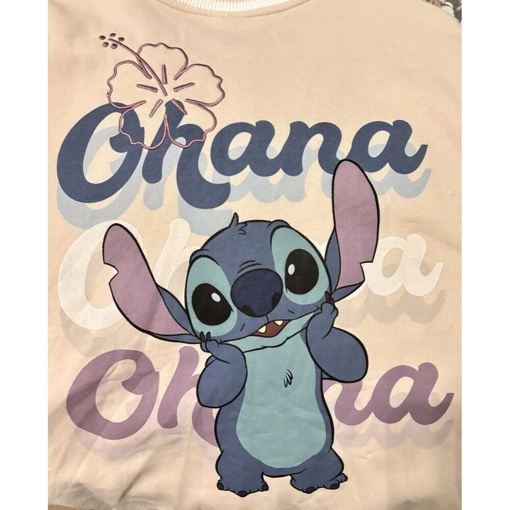 Disney Stitch Baseball Varsity Jacket Size XL Beige Cream Ohana Print - Picture 8 of 8